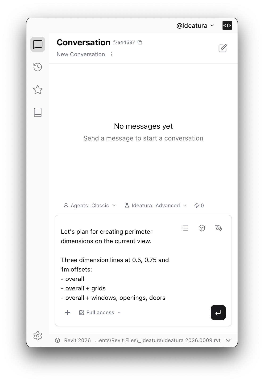 Prompt typed into the Ideatura chat asking to dimension external walls