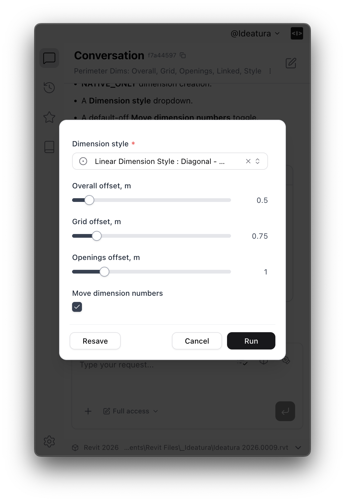 Automation parameters panel with dimension style and offset settings