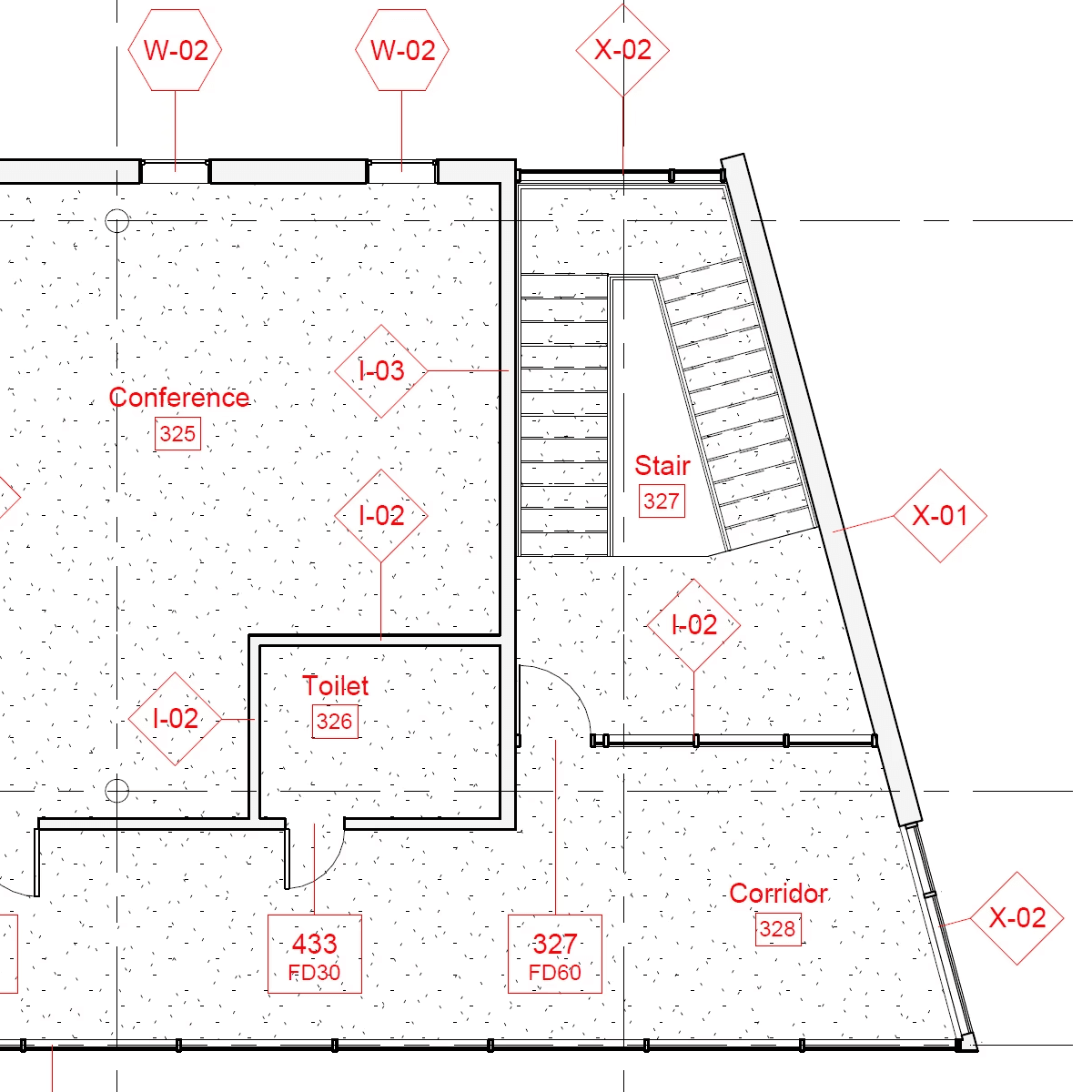 Floor plan with room, door and window tags placed to standard
